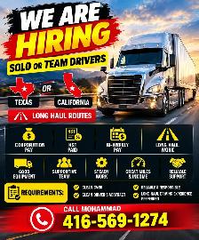 HIRING SOLO OR TEAM AZ DRIVERS – TEXAS / CALIFORNIA LONG HAUL