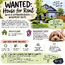 WANTED: Whole House With Basement Suite for Rent.