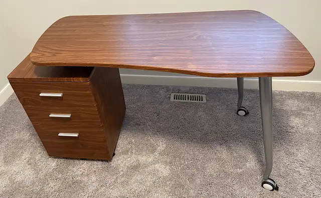 Wood Desk With Swiveling Three-Drawer File Cabinet