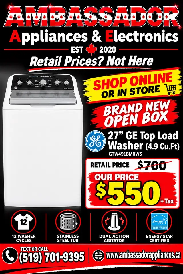 NEW 27" GE Top Load Washer (4.9 Cu.Ft)