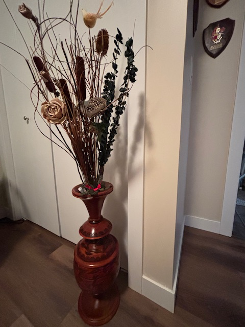 LARGE FLOOR Wood VASE (See Photo)  AND Lg. CANE BASKET  See Add