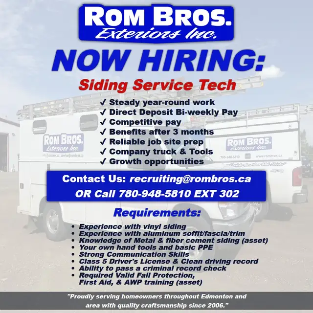 NOW HIRING: SIDING SERVICE TECHNICIAN