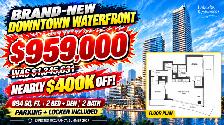 Nearly $400K Off! Downtown Waterfront 2 Bed   Den | Parking Incl
