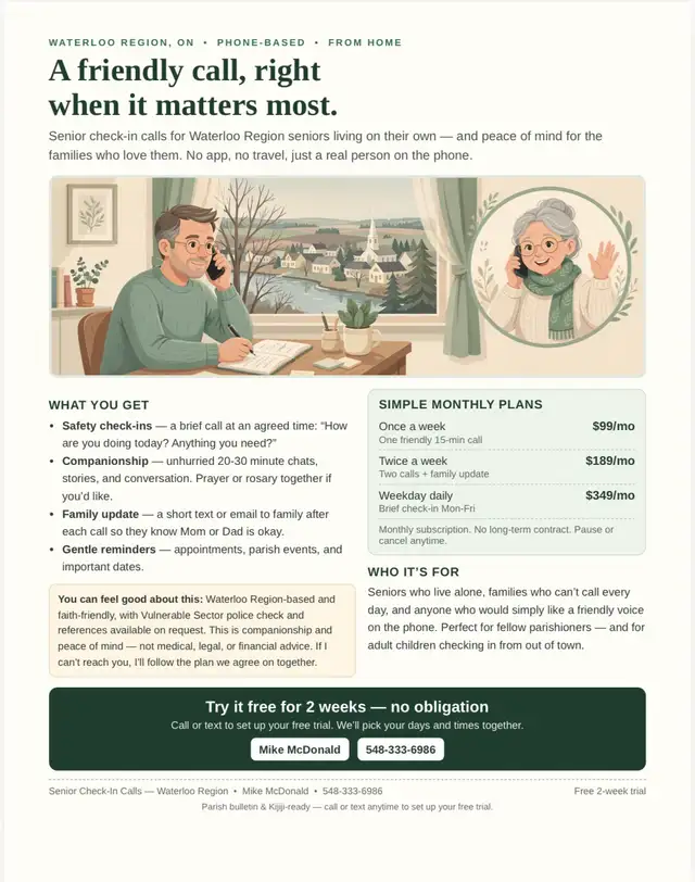 Friendly Senior Check-In Calls – Waterloo Region – Phone Compani