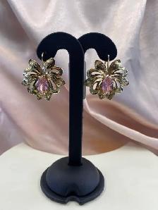 14K Gold Flower Earrings with Pink Stone