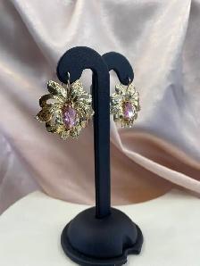 14K Gold Flower Earrings with Pink Stone - Photo 2