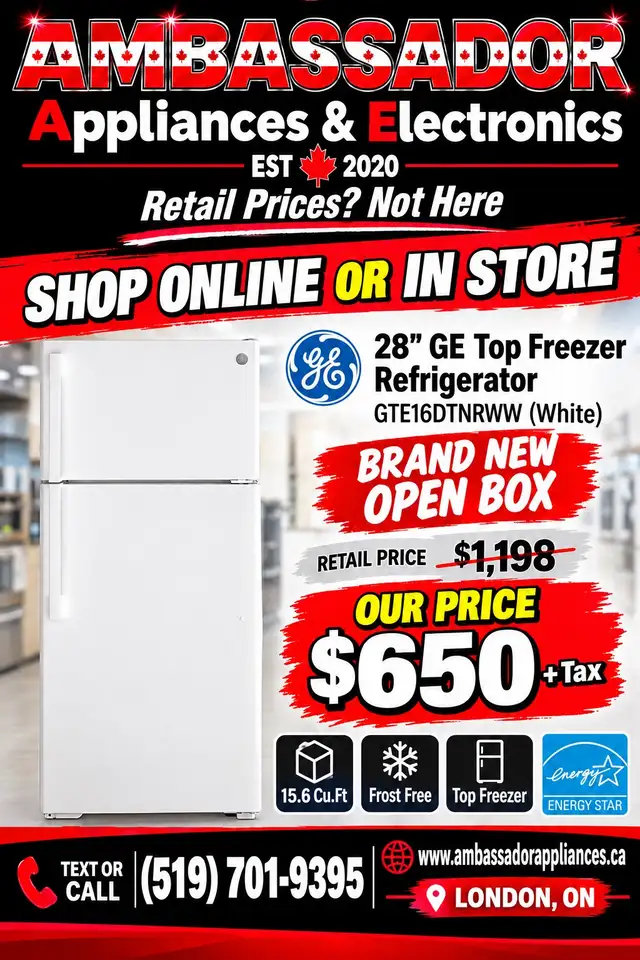 NEW 28" GE Top Freezer Fridge (15.6 Cu.Ft)