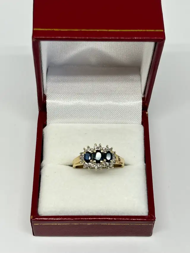 14k three stone Sapphire Diamond Ring