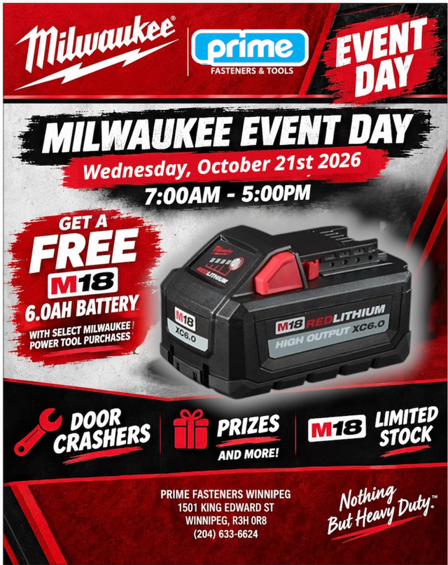 Milwaukee Event Oct. 21st at Prime Fasteners and Tools Winnipeg