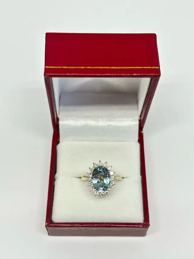 14k Blue Topaz Halo Diamond Ring