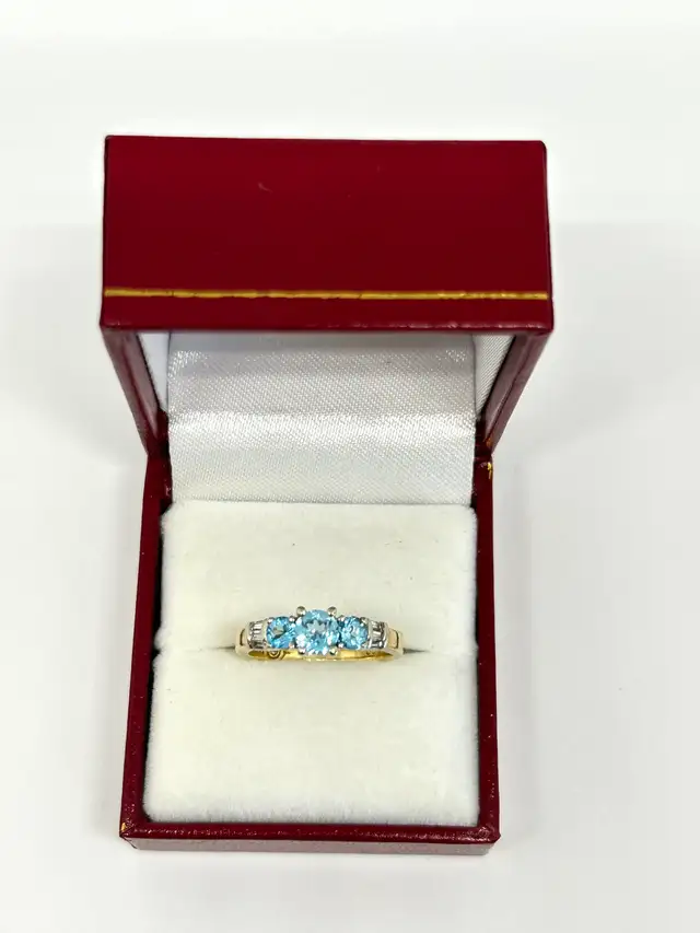 14k Trilogy Blue  Topaz  Diamond Ring