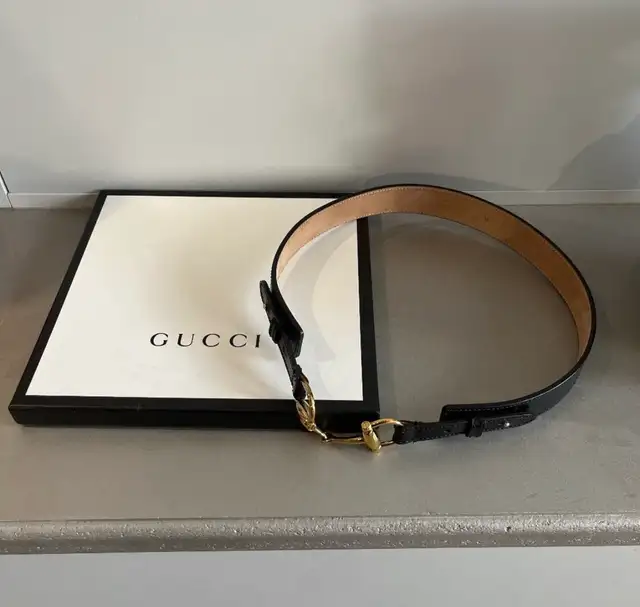 Authentic Gucci Black Leather Belt with Gold Horsebit Buckle