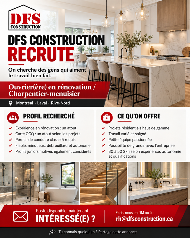 Ouvrier(ère) en rénovation résidentielle / Charpentier-menuisier
