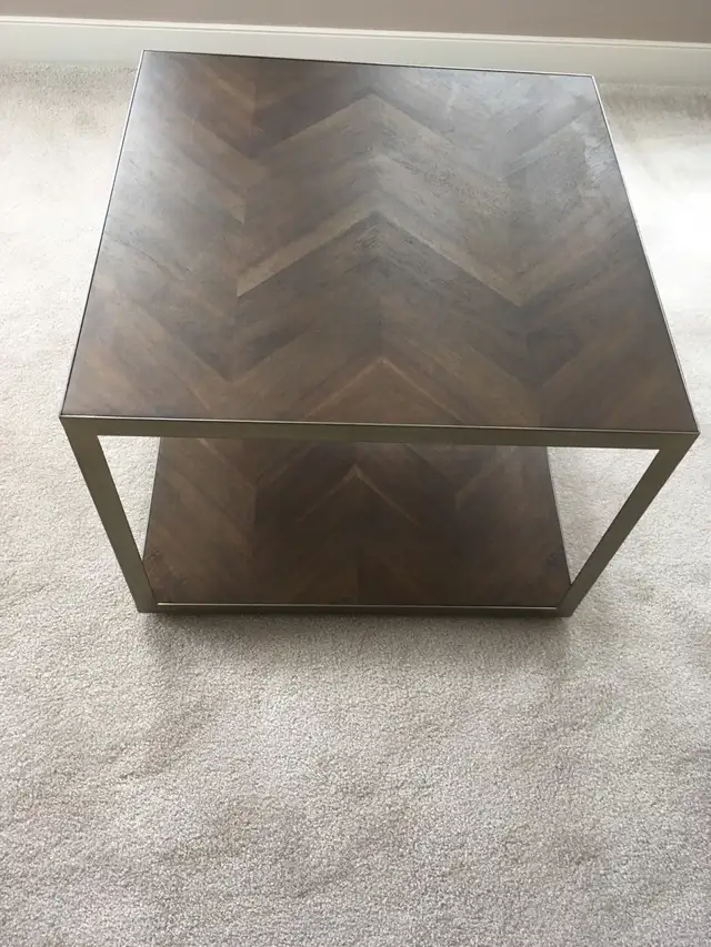 Mara Solid Acacia Wood End Table $300. Like new. Antique brass