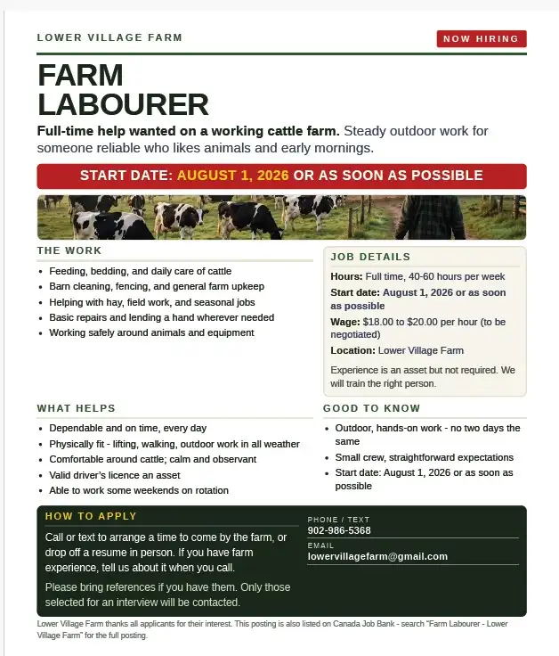 Farm Labourer – Livestock – Lower Village Farm (Lower Truro, NS)