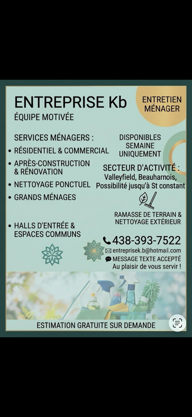 Services d'entretien ménager Entreprise Kb