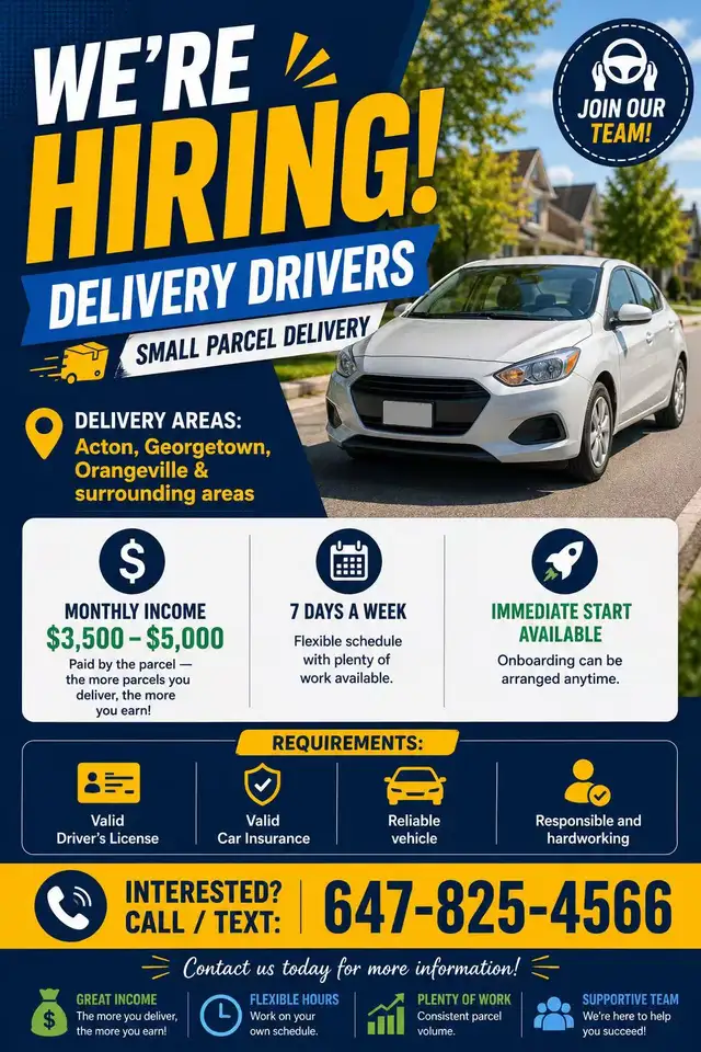 HIRING SMALL PARCELS DELIVERY Driver 6478254566