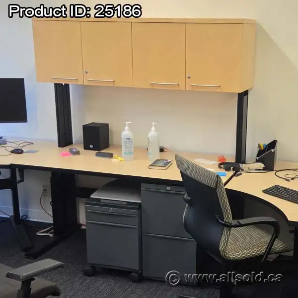 Blonde Height Adjustable Workstation Table w/ Overhead Storage