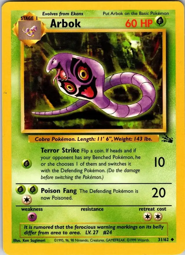 Pokemon Arbok 31/62 Fossil Card