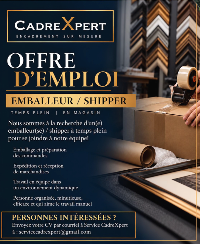 OFFRE D'EMPLOI À CHATEAUGUAY TEMPS PLEIN - EMBALLEUR - SHIPPER