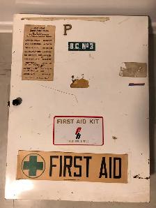 Antique commercial FirstAid metal box with all supplies inside.
