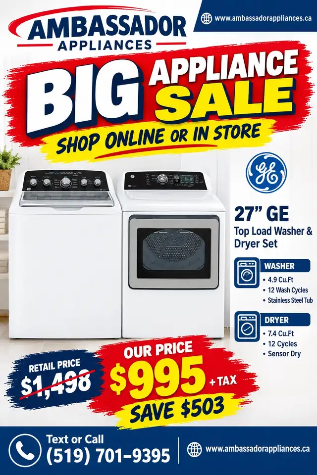 NEW 27" GE Top Load Washer & Dryer Set (White)