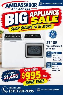 NEW 27" GE Top Load Washer & Dryer Set (White)