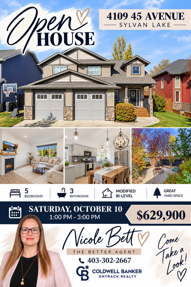 Open House 4109 45 Avenue in Sylvan Lake Saturday from 1–3 PM