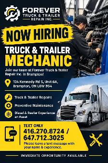 NOW HIRING — TRUCK & TRAILER MECHANIC