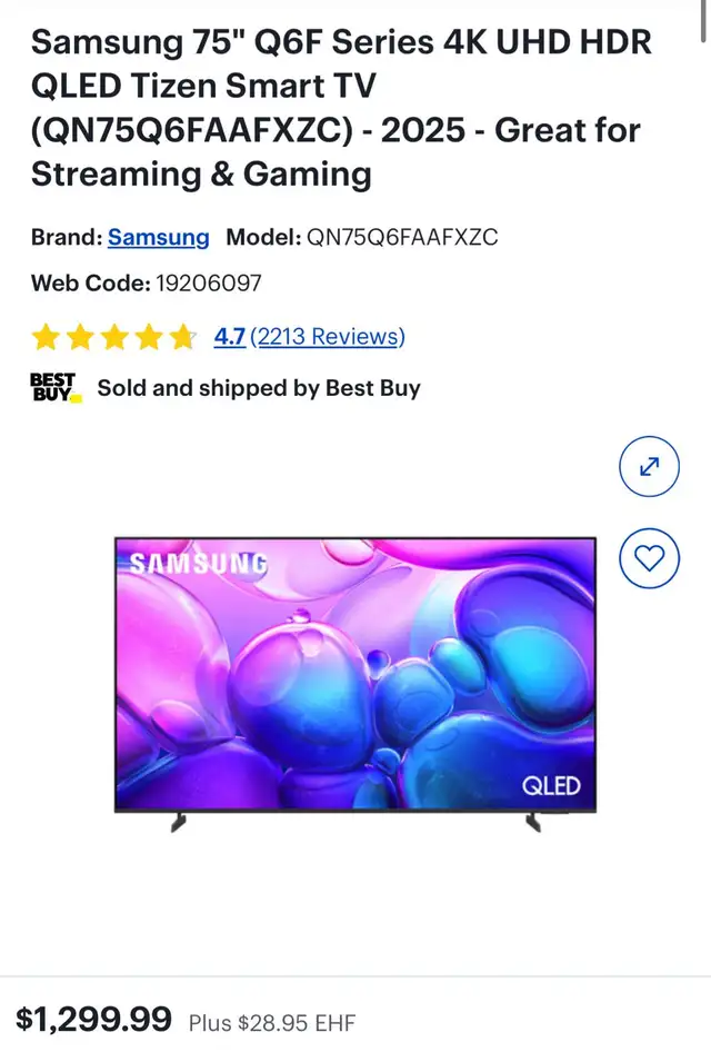 Samsung 75''Q6F Series 4K UHD HDR QLED Tizen Smart TV