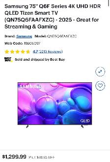 Samsung 75''Q6F Series 4K UHD HDR QLED Tizen Smart TV