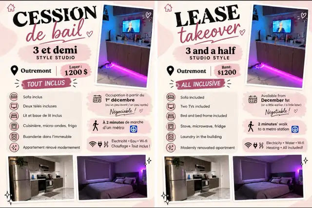 CESSION DE BAIL TOUT INCLUS/ LEASE TRANSFER ALL INCLUDED