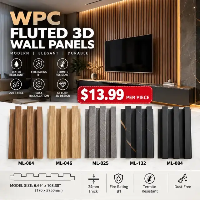 WPC Fluted 3D Wall Panels $13.99/pc - 5 Colours