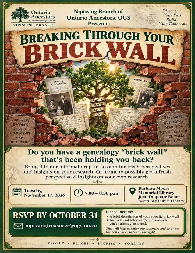 Nip. Branch, Ontario Ancestors-Breaking Through Your Brick Wall