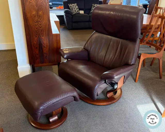 Marvelous Leather Stressless Recliner and Ottoman at Charmaine's