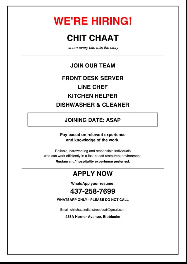 Chit Chaat Restaurant Job Opportunities