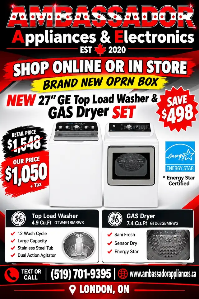 NEW 27" GE Top Load Washer & GAS Dryer SET