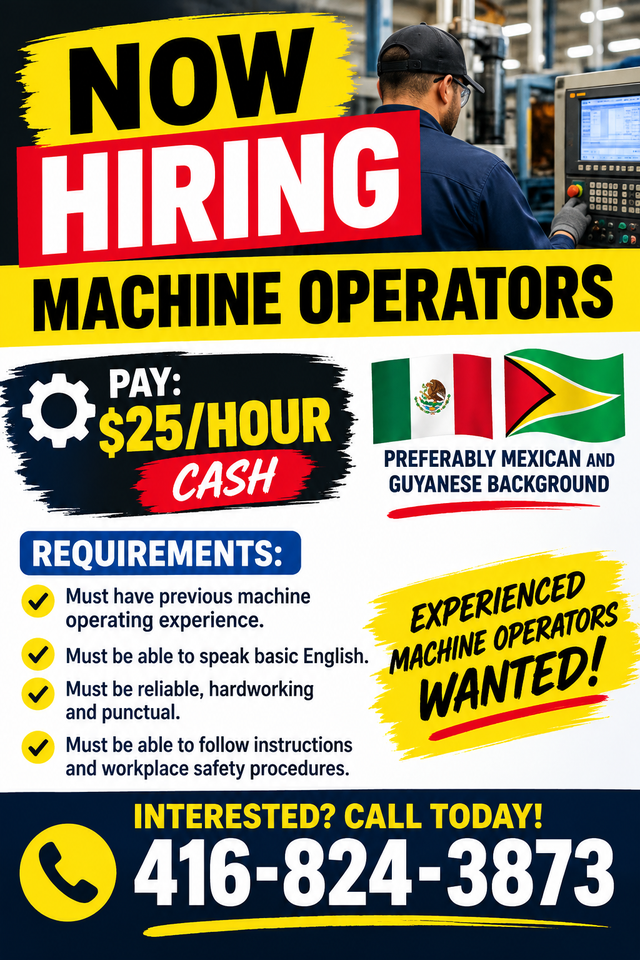 NOW  NOW HIRING – MACHINE OPERATORS mississauga