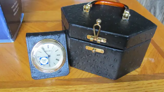 LOVELY BLACK LEATHER JEWELRY BOX WITH SEIKO TRAVEL ALARM CLOCK
