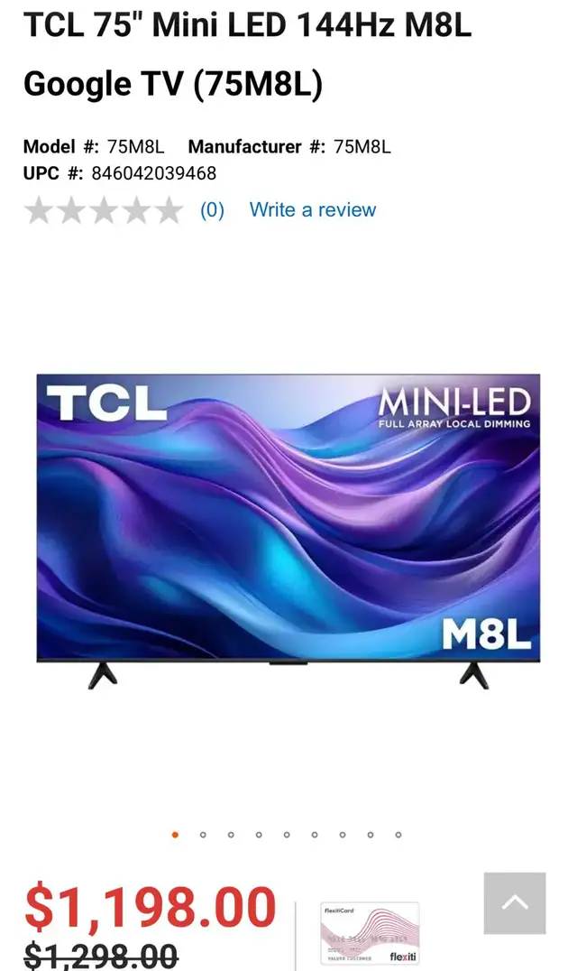 TCL 75' M8L Mini-LED 4K Google TV – $1,099
