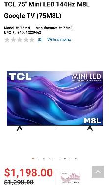 TCL 75' M8L Mini-LED 4K Google TV – $1,099