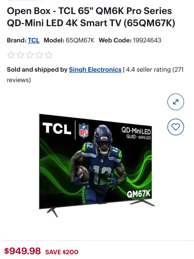 TCL 65' QM6K Pro QD-Mini LED 4K Smart TV – $799