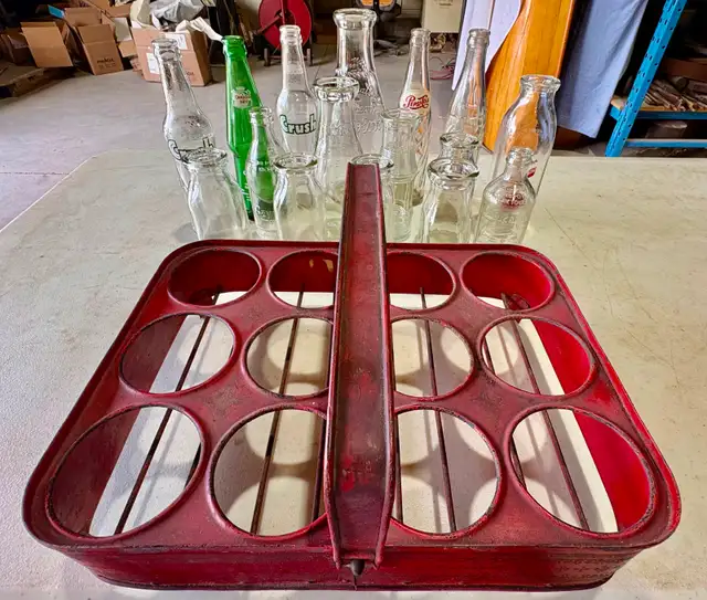 Vintage Metal Bottle Carrier (w Vintage Lot Of Glass Bottles)