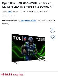 TCL 65' QM6K Pro QD-Mini LED 4K Smart TV