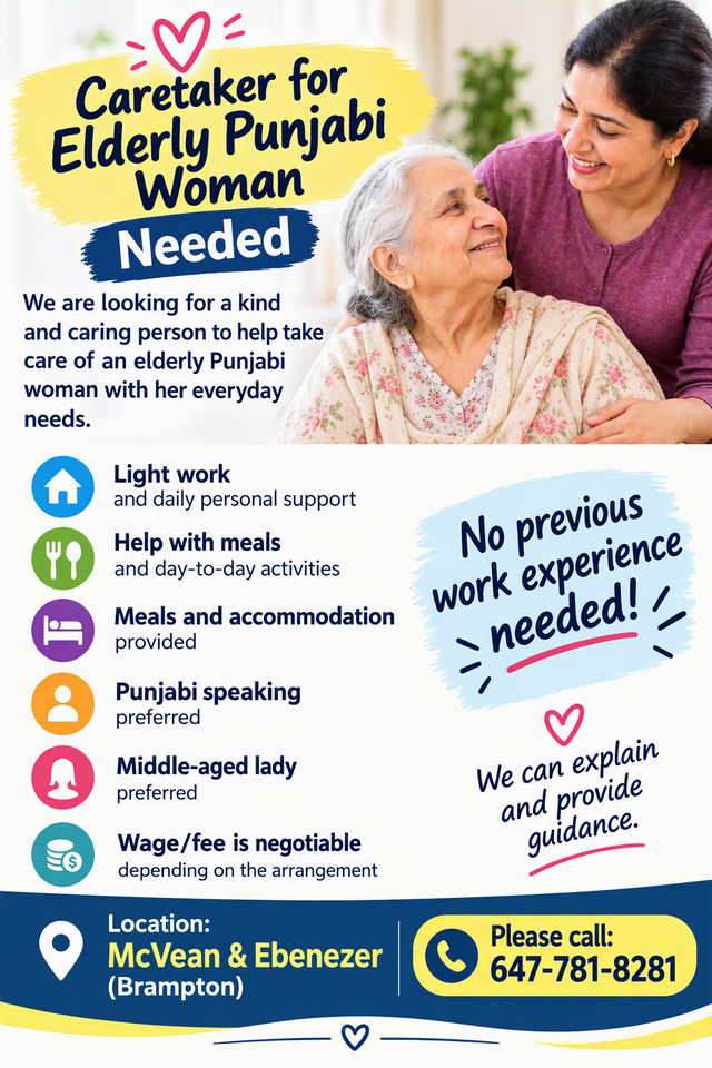 Live-In Caregiver Needed for Elderly Punjabi Woman | Full-Time |