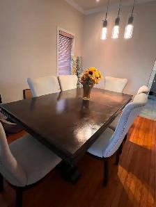 Dark Wood Dining Table with 6 Upholstered Nailhead Chairs