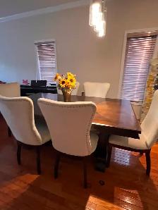 Dark Wood Dining Table with 6 Upholstered Nailhead Chairs - Photo 2
