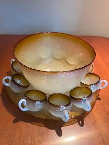 Punch Bowl Set with 14 cups and platter hand-blown art glass