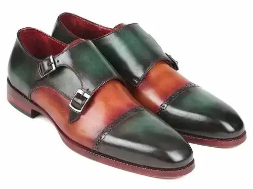 Paul Parkman Green Camel Handpainted Cap Toe Double Monkstraps