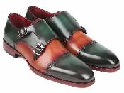 Paul Parkman Green Camel Handpainted Cap Toe Double Monkstraps